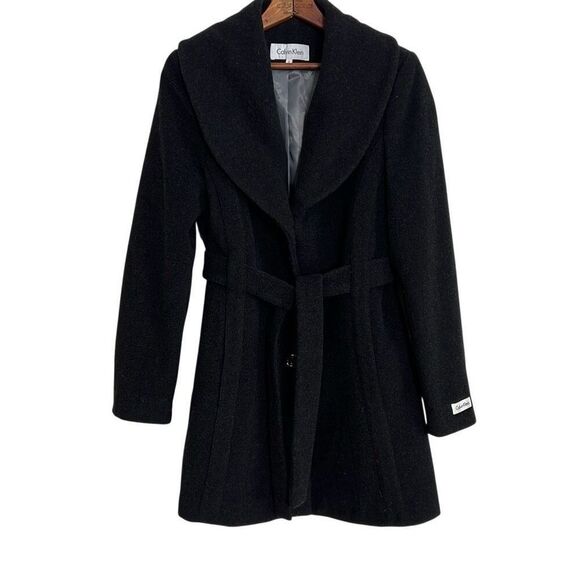 Calvin Klein Wool Blend Belted Shawl Lapel Fully Lined Wrap Coat Black Size 8 - Picture 1 of 9